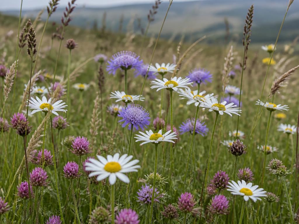Chalk grassland wildflower meadow with oxeye daisies, scabious and native grasses